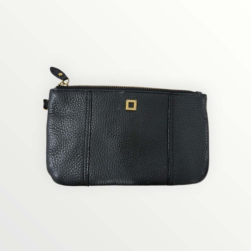 LODIS Black Pebbled Leather Zip Pouch Clutch Gold Hardware